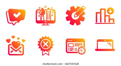 Decreasing graph, Reject medal and Web timer line icons set. Love mail, Cogwheel and Creative design signs. Approved, Laptop symbols. Crisis chart, Award rejection. Technology set. Vector