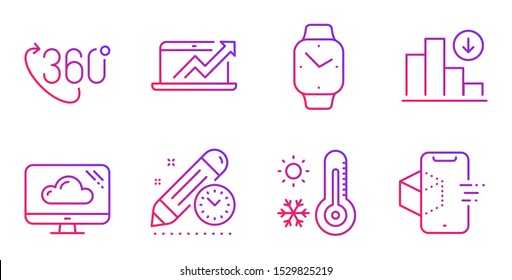 Decreasing graph, Smartwatch and 360 degree line icons set. Weather thermometer, Project deadline and Sales diagram signs. Cloud storage, Augmented reality symbols. Vector