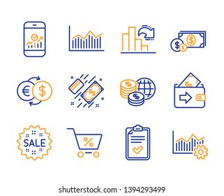 Decreasing graph, Wallet and Special offer icons simple set. Money diagram, Payment and Checklist signs. World money, Smartphone statistics and Sale symbols. Operational excellence. Vector