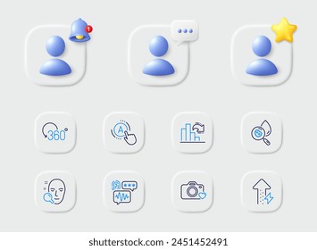 Decreasing graph, Water analysis and Biometric security line icons. Placeholder with 3d star, reminder bell, chat. Pack of Full rotation, Ab testing, Photo camera icon. Vector