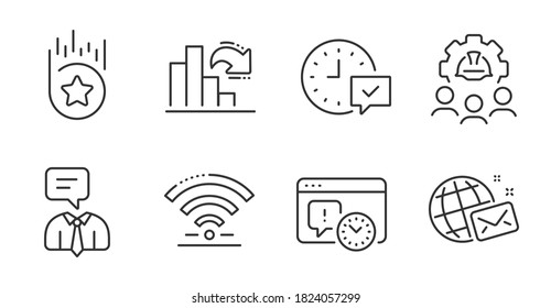 Disminución del gráfico, ajuste de los iconos de la línea de correo Wifi y World. Equipo de Ingeniería, Servicio de Soporte y Señales de alarma Select. Plazo límite del proyecto, símbolos de la estrella de la lealtad. Gráfico de columnas, Internet inalámbrico, Chat. Vector