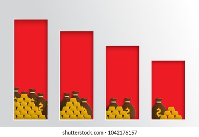 Decreasing graphs concept, financial strategy, low return on investment, the balance sheet of money and gold, long-term investment decline, reduced revenue, rate credit money. Paper cut style