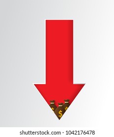 Decreasing graphs concept, financial strategy, low return on investment, the balance sheet of money and gold, long-term investment decline, credit money. Paper cut style vector.