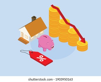 Decreasing house price 3D isometric vector concept for banner, website, illustration, landing page, flyer, etc