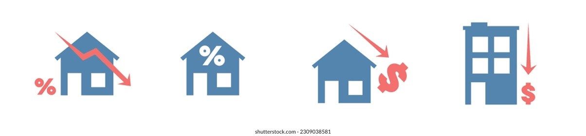 Disminución de los precios de la vivienda conjunto de iconos circulares modernos, concepto de menor costo inmobiliario, iconos de propiedades a la venta, emblemas del valor del apartamento, símbolos de negocios de la propiedad aislados en fondo blanco