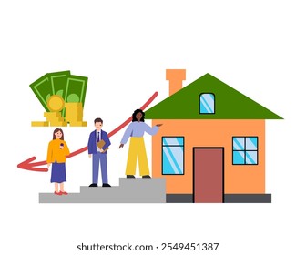 Decreasing housing costs. Price of the house going down for the buyers. Vector simple color flat illustration.