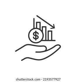 Decreasing money statistic on hand icon line style isolated on white background. Vector illustration