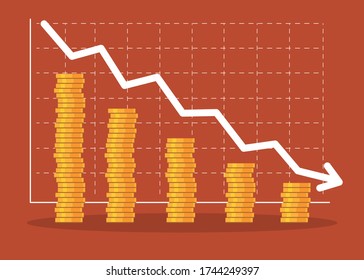 Disminución de la moneda de pilas con caída en el gráfico económico. Concepto de crisis financiera - Vector e ilustración 