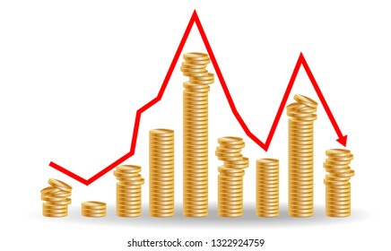 Decreasing piles of coins with going down graph. Concept for financial fall