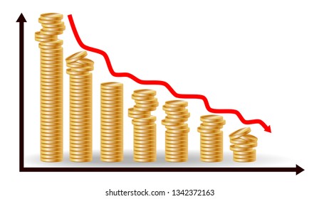 Decreasing piles of coins with going down graph. Concept for financial fall