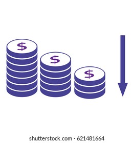 Decreasing piles of coins with going down graph. Concept for financial fall. Vector eps10.