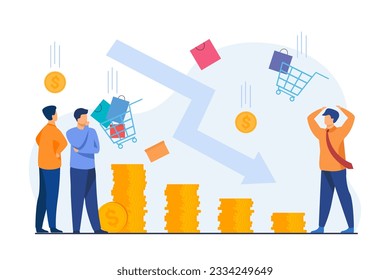 Decreasing purchasing power chart vector illustration. Frustrated customers worrying about diminishing piles of money, shop carts falling. Rising prices, inflation, economy concept