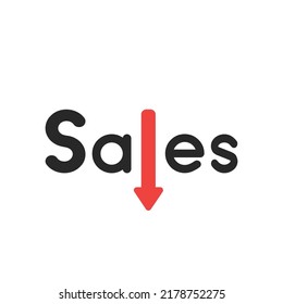 Disminución del concepto de ventas, palabra de ventas con icono de flecha de caída, ilustración vectorial plana. 