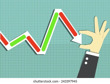 decreasing stock and hand with power of control on blue line background.
