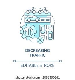 Decreasing Traffic Blue Concept Icon. Scooter Sharing Benefit Abstract Idea Thin Line Illustration. Reducing Road Congestion. Smart Mobility. Vector Isolated Outline Color Drawing. Editable Stroke