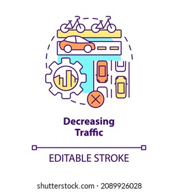 Decreasing traffic concept icon. Scooter sharing benefit abstract idea thin line illustration. Cycling-friendly infrastructure. Smart mobility. Vector isolated outline color drawing. Editable stroke