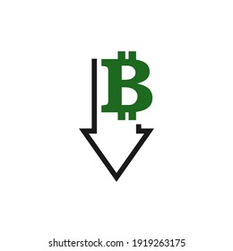 Decreasing value of bitcoin. Cost reduction icon concept isolated on white background. Vector illustration