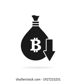 Decreasing value of bitcoin. Cost reduction icon concept isolated on white background. Vector illustration