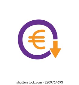Valor decreciente del euro. Concepto de icono de reducción de costes aislado en fondo blanco. Ilustración del vector