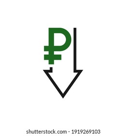 Decreasing value of ruble. Cost reduction icon concept isolated on white background. Vector illustration