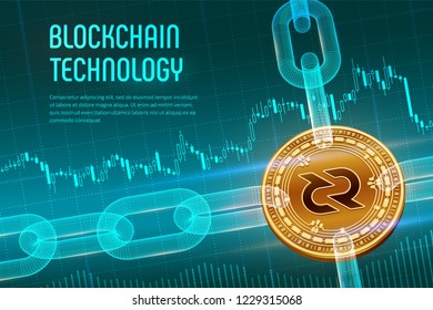 Decred. Crypto currency. Block chain. 3D isometric Physical golden Decred coin with wireframe chain on blue financial background. Blockchain concept. Editable Cryptocurrency template. Vector