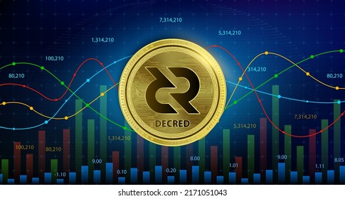 Decred (DCR) coin Cryptocurrency blockchain. Future digital currency replacement technology alternative currency, Silver golden stock chart number up down is background. 3D Vector illustration.