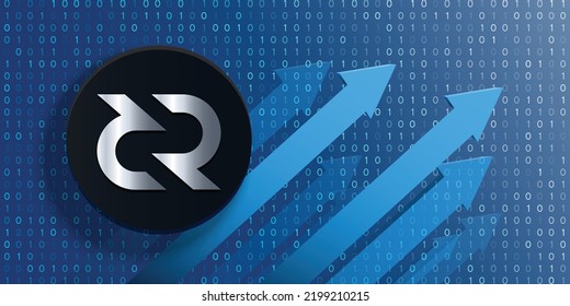 Moneda codificada (DCR) con logotipo de moneda criptográfica sobre el fondo futurista de tecnología financiera e ilustración vectorial de banner. Puede utilizarse como diseño de portada, cabecera, fondo, cartel, papel pintado e impresión