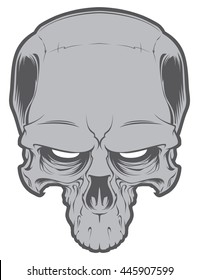 Decrepit evil cartoon skull isolated on white. Tattoo style. Sticker
