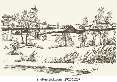Decrepit hut in Russian hamlet windy cold overcast wintertime day  Vector freehand linear ink drawn backdrop sketchy in art scribble antiquity retro style pen paper and space for text sky