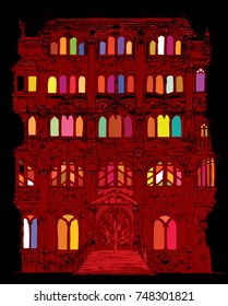 Decrepit old building with multicolored windows, on black base