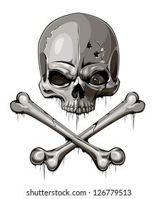 Decrepit skull with two crossed bones isolated on white. Tattoo style. EPS 8 vector illustration.