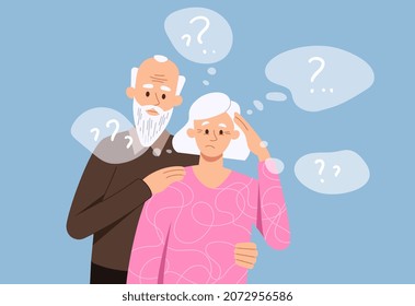 Decrepitude dementia concept. Grandmother and grandfather standing together in embrace, elderly couple with problems. Brain, illness, biology, cognitive processes. Cartoon flat vector illustration