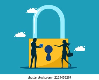 Decrypt the information. Businessman turning keys with laptop