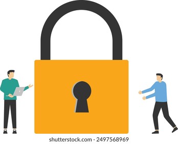Decrypt the information. Businessman turning keys with laptop vector

