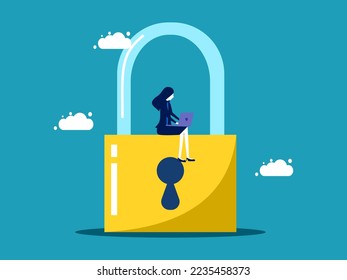 Decrypt the information. Businesswoman turning keys with laptop vector
