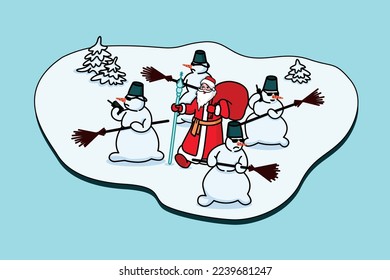 Ded Moroz with a bag of gifts is walking on an ice floe, surrounded by snowmen guards. Snowmen security. Flat vector illustration for new year santa claus with guards. happy new year. Santa Claus with