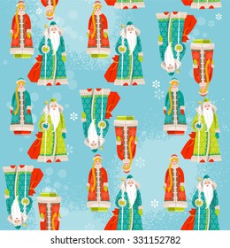 Ded Moroz (Grandfather Frost) and Snegurochka (Snow Maiden). Russian Christmas. Seamless background pattern. Vector illustration