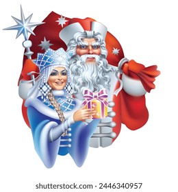 Ded Moroz and Snegurochka Russian Christmas characters on white background