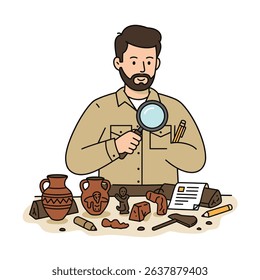 Dedicated Anthropologist Analyzing Ancient Artifacts White Background Cultural Heritage Study