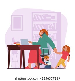 Las Multitareas De Las Madres Empresariales Dedicadas En Su Computadora Portátil Y Teléfono Móvil Mientras Sus Ansiosos Hijos Se Entusiasman Con Jugar Y Pasar El Tiempo Juntos. Ilustración de vectores de personas de caricatura