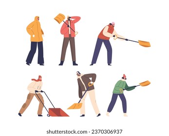 Dedicated Characters Diligently Shovel Driveway, Or House Yard With Shovels And Scoops After A Fresh Snowfall