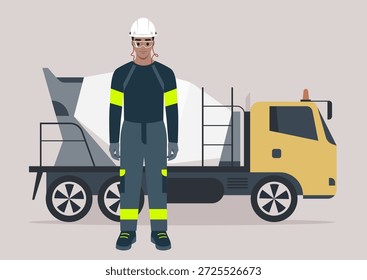 Un trabajador dedicado del mezclador concreto en equipo de seguridad brillante colabora en un proyecto de construcción, gestionando la maquinaria pesada, asegurando calidad y eficacia