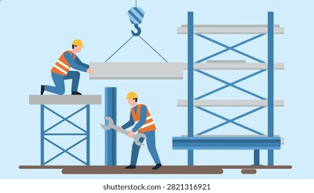 Dedicated construction workers collaborating to assemble steel structures and concrete blocks at a busy development site.