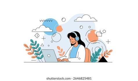 Um representante dedicado de atendimento ao cliente usando um fone de ouvido trabalha atentamente em um notebook cercado por formas abstratas e folhagem decorativa