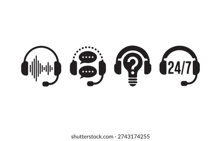Dedicated customer support icons with headphones representing audio, chat, questions service.