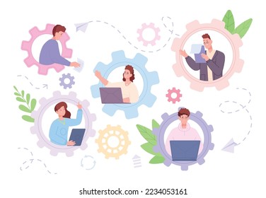 Dedicated developers. People enterprise dedication, mechanical gear teamwork communication, curiosity professional development managers effort working concept vector illustration of dedicated people