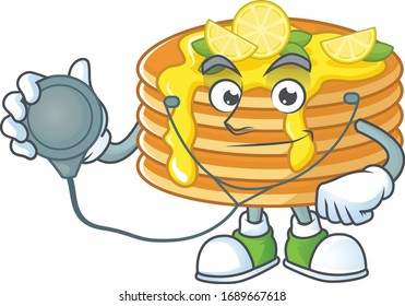 A dedicated Doctor lemon cream pancake Cartoon character with stethoscope