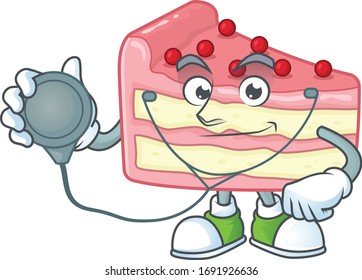 A dedicated Doctor strawberry slice cake Cartoon character with stethoscope