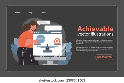 Dedicated expert underscoring the Achievable aspect of SMART goals. Interacting with a computer screen, showcasing potential with clear visual metrics. Feasibility, potential, precision. Flat vector