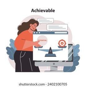 Dedicated expert underscoring the Achievable aspect of SMART goals. Interacting with a computer screen, showcasing potential with clear visual metrics. Feasibility, potential, precision. Flat vector